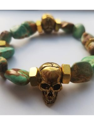 Men's Turquoise Nugget and Anatomical Copper Skull Stretch Bracelet